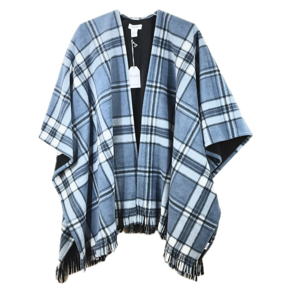 Martha Stewart Poncho One Size Blue Plaid Reversible Cape Open Front Shawl Ruana - Picture 2 of 11